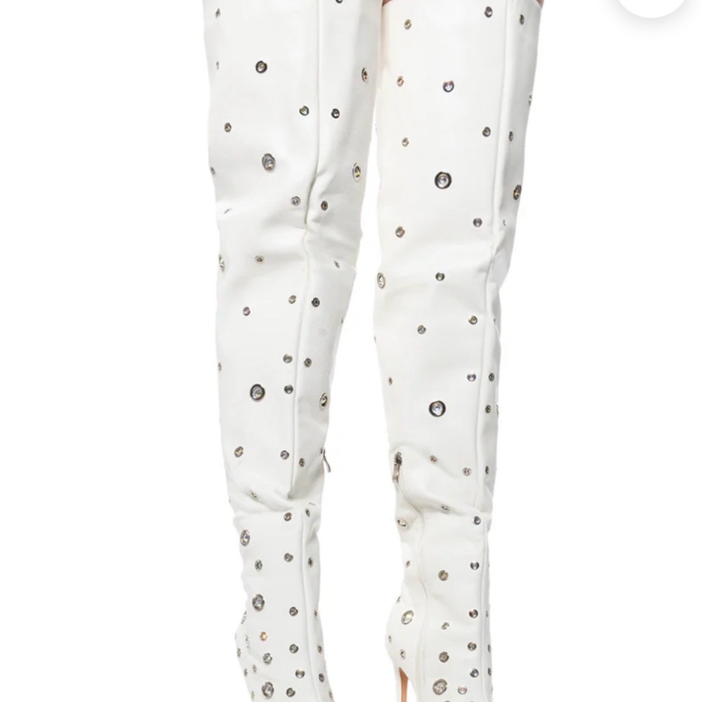 Elegant White Studded Over the Knee Boots